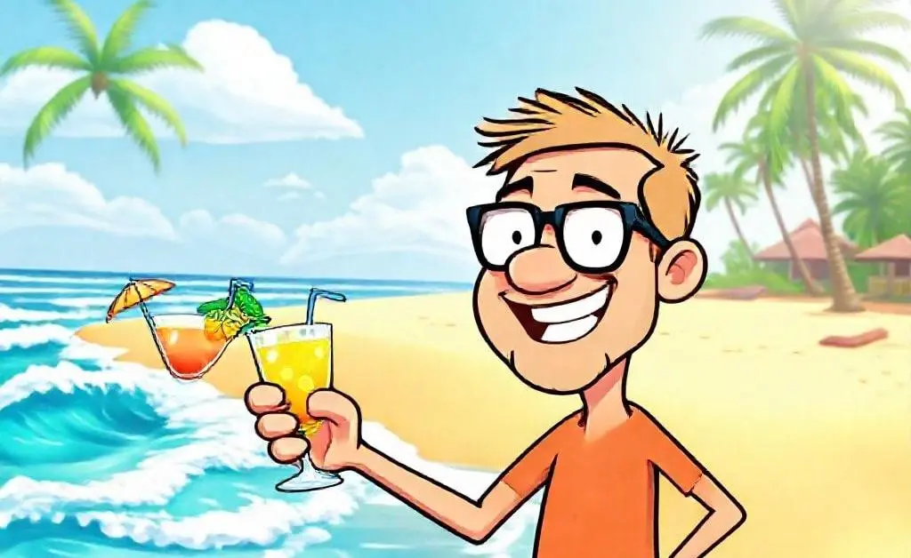 A cartoon showing Dave excitedly booking a vacation on a beach with an umbrella drink in his hand