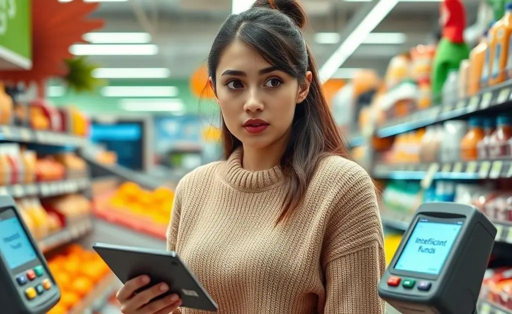 Mia trying to pay for her groceries but seeing error 'insufficient funds' on the card terminal.