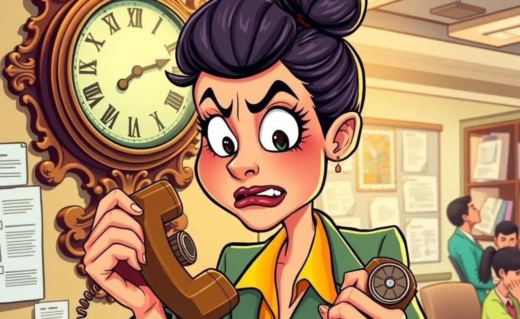 Cartoon supervisor frantically looking at a clock on the wall as she holds a ringing phone.