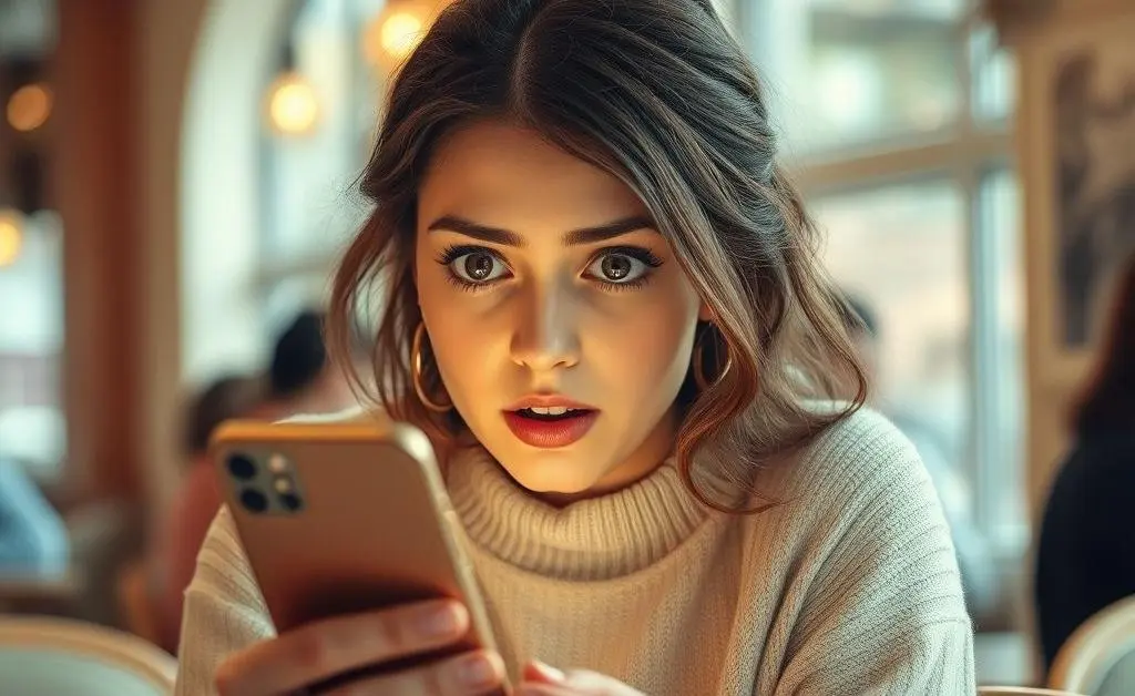 Mia looking at her bank account balance on her phone, eyes widening in shock