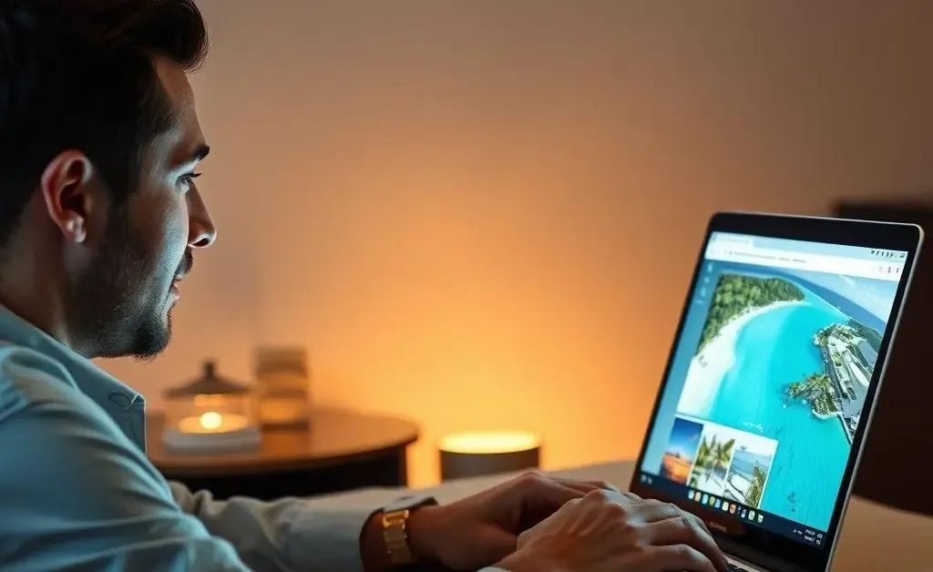 A man eagerly browsing a travel website