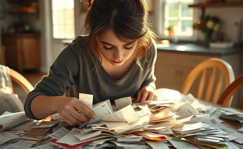 Mia digging through piles of receipts on her dining table