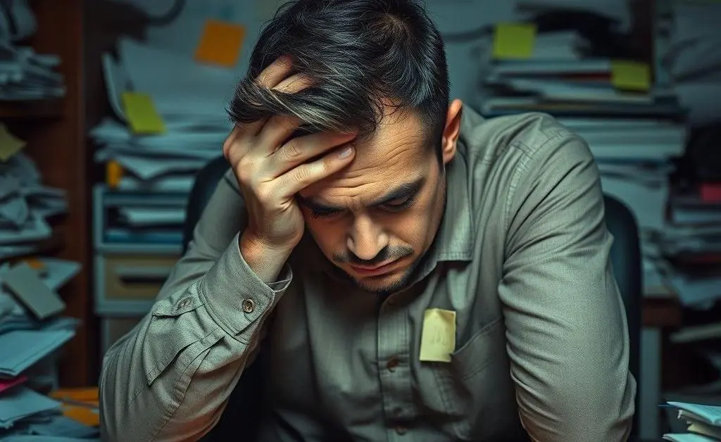Jake at his desk, surrounded by sticky notes and reminders, looking stressed and fatigued.