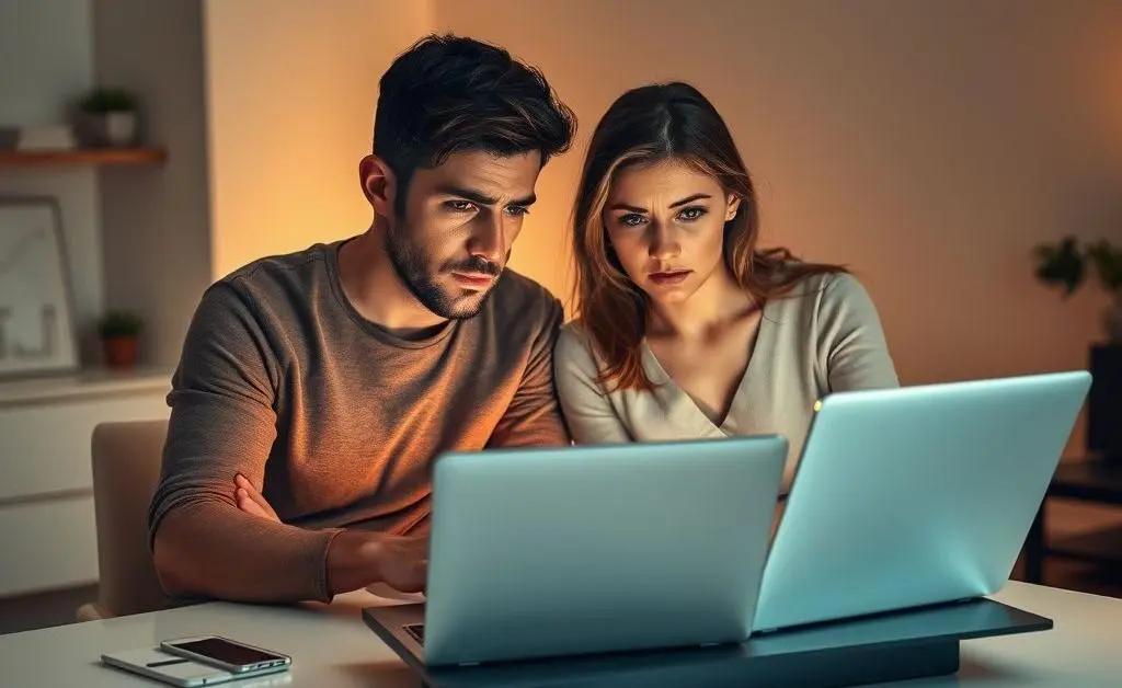 A couple looking at their shared budget spreadsheet with growing concern