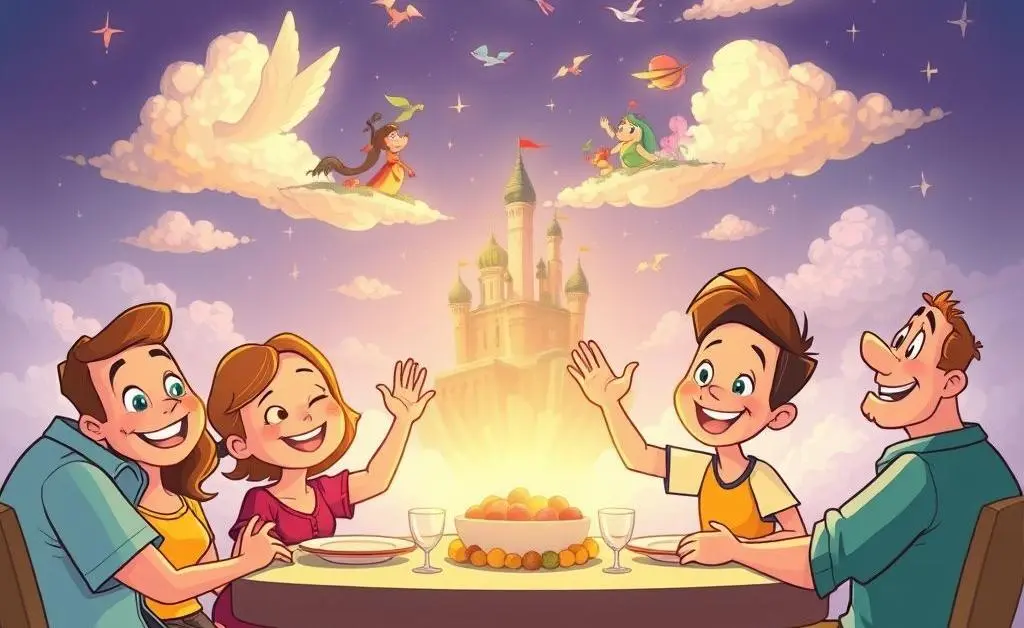 A family dreaming of vacation, watching their dream fly away