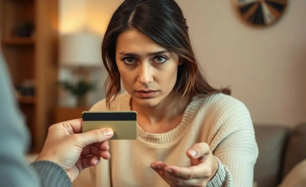 The woman looking remorseful, handing over her credit card to her partner