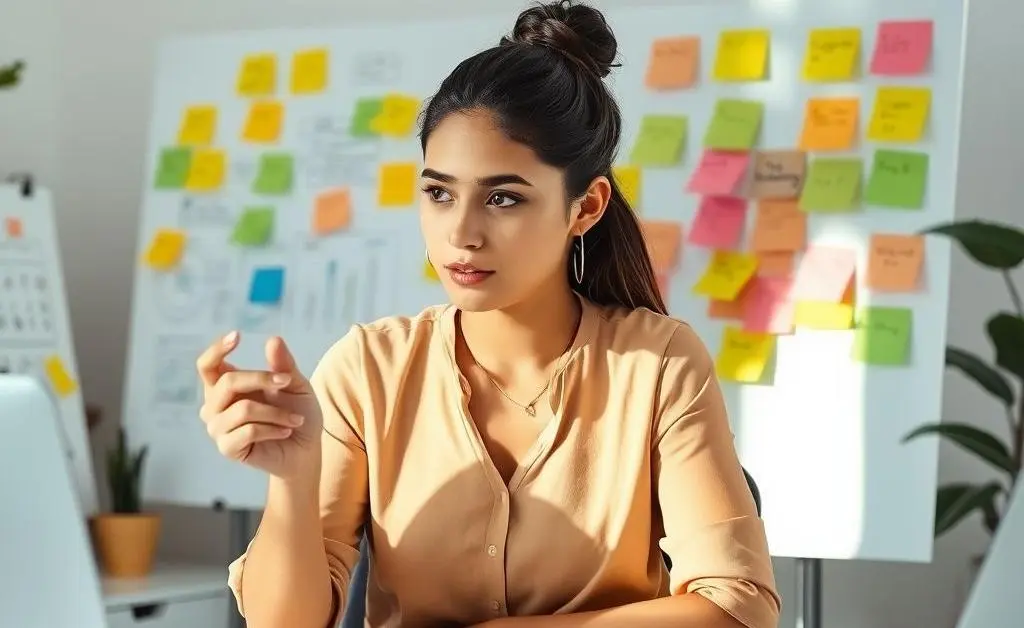 Mia brainstorming with sticky notes labeled 'budget' and 'time management'