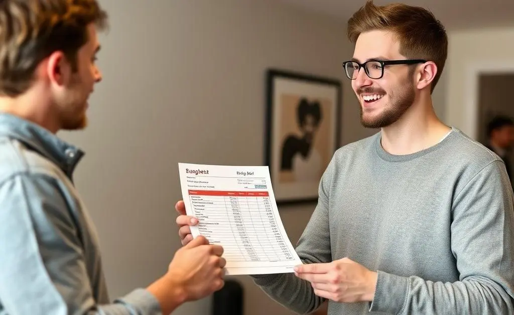 A friend reassuringly handing Alex a budgeting spreadsheet template with a smile