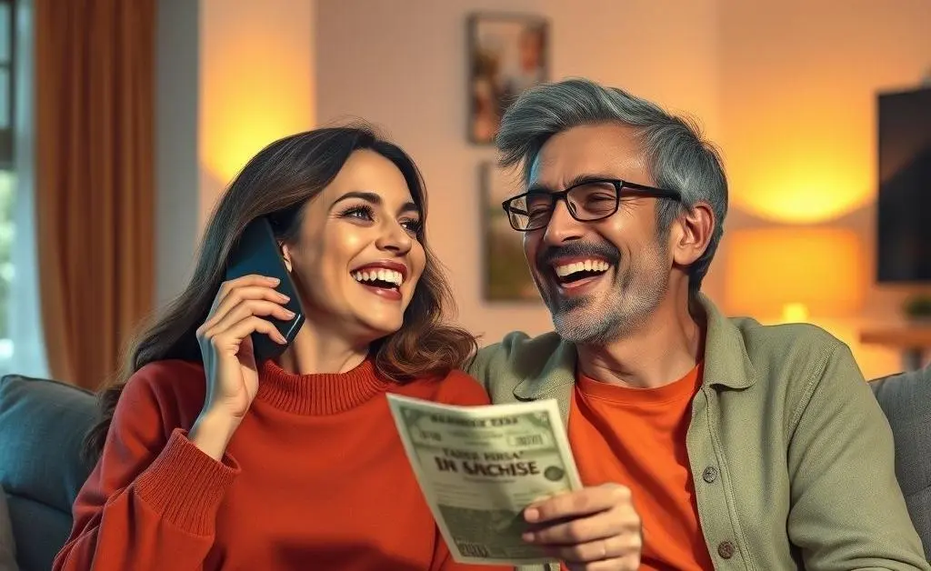 Two friends laughing over the phone, one holding a bill