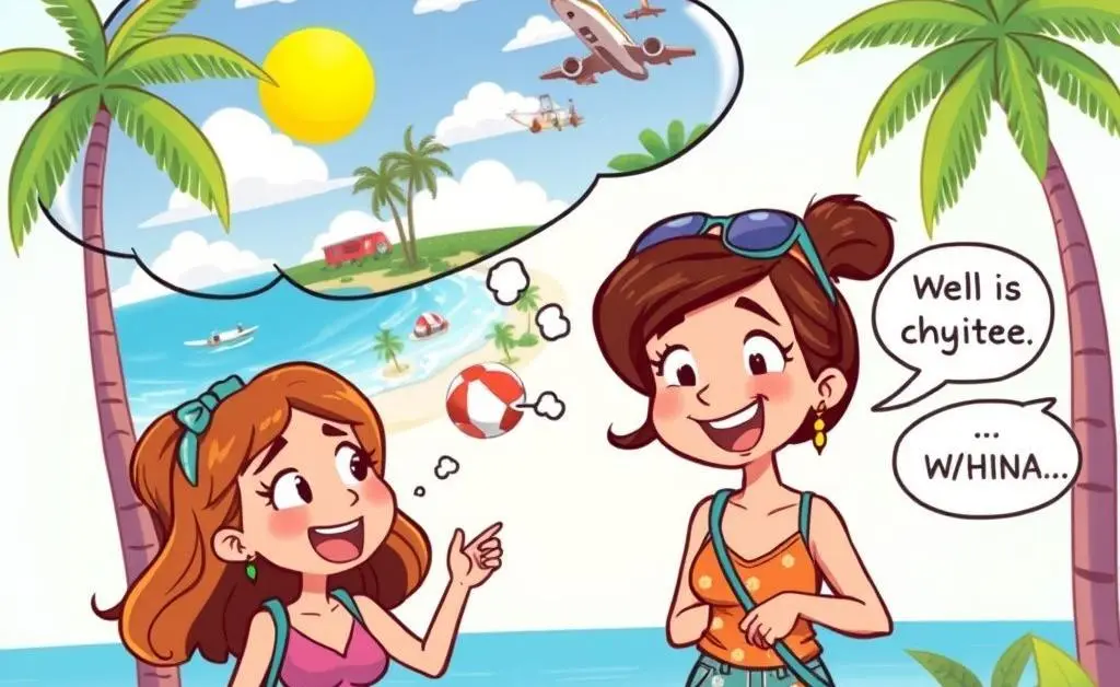 Cartoon of a friend envisioning herself vacationing, discussing budgets with Mia