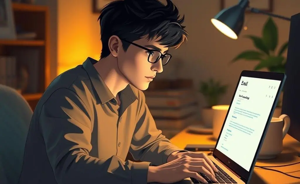 A character sitting at a computer, typing an email with a thoughtful expression