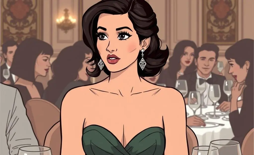 Mia at a dinner party realizing she spent too much on a new dress.