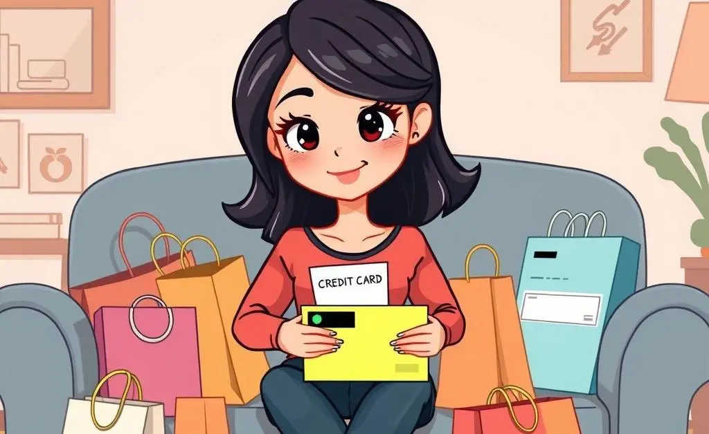 Mia sitting on her couch surrounded by shopping bags
