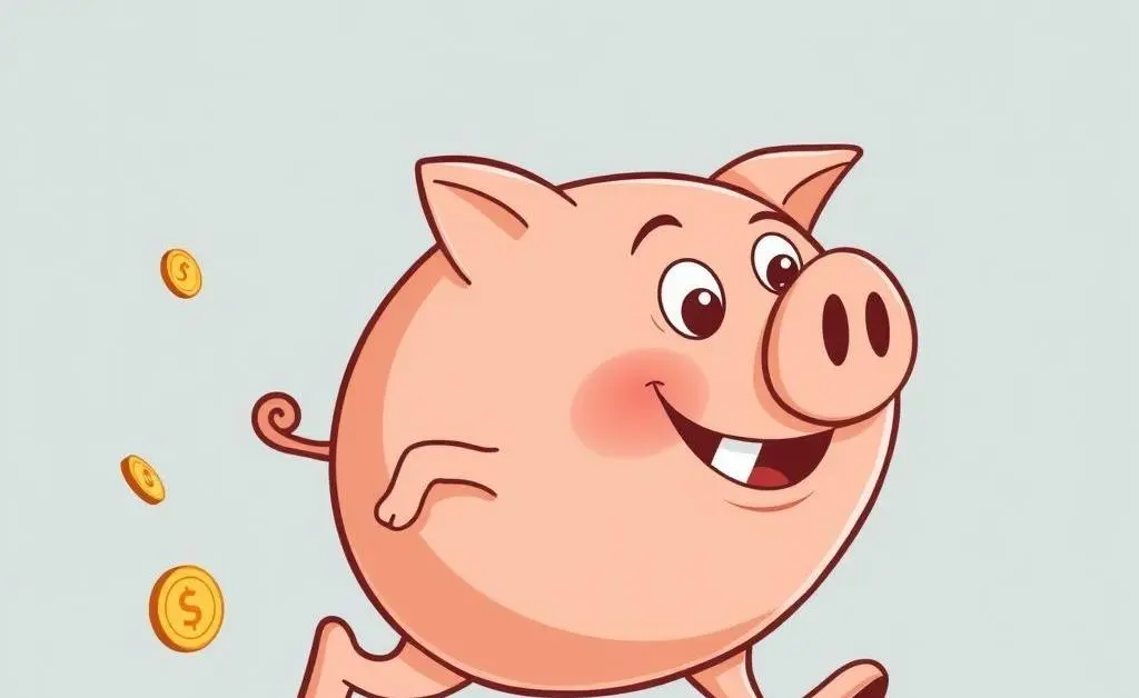 A cartoon piggy bank running away with coins spilling out