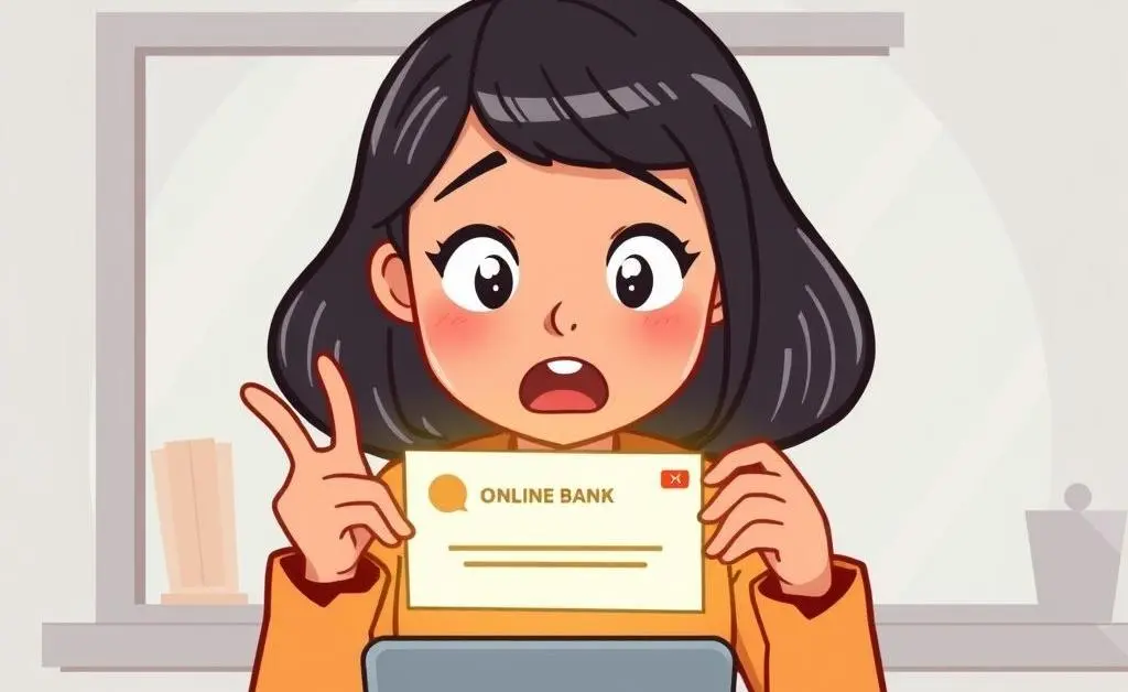 A cartoon depiction of Mia receiving a shocking online bank notification