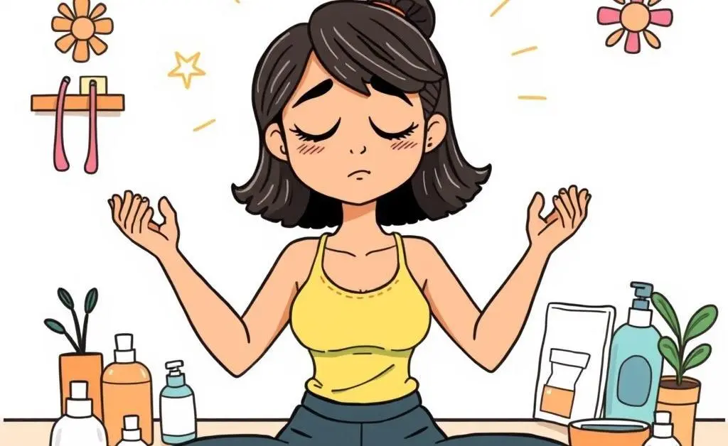 Mia in a yoga pose, surrounded by self-care products