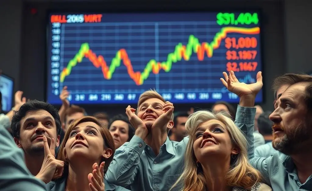 A group of stockholders reacting with disbelief and confusion as their stock price plummets on a big screen