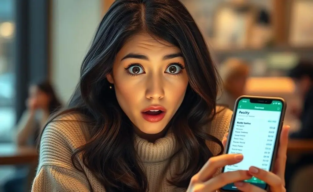 Mia looking shocked at her bank statement on her phone