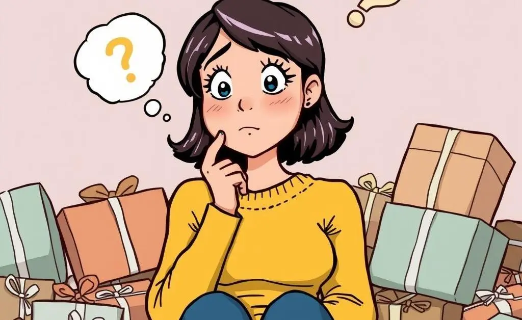 Cartoon-style of Sarah pondering her spending habits, surrounded by unopened packages.