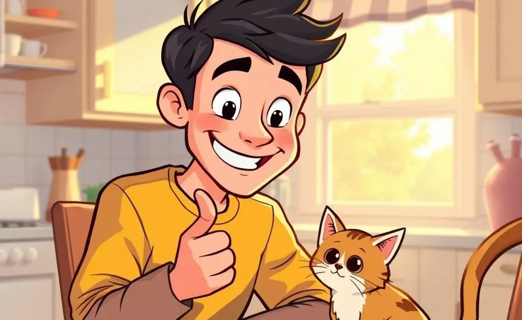 A cartoon man sitting at a kitchen table with paper, asking a cat for advice, looking hopeful