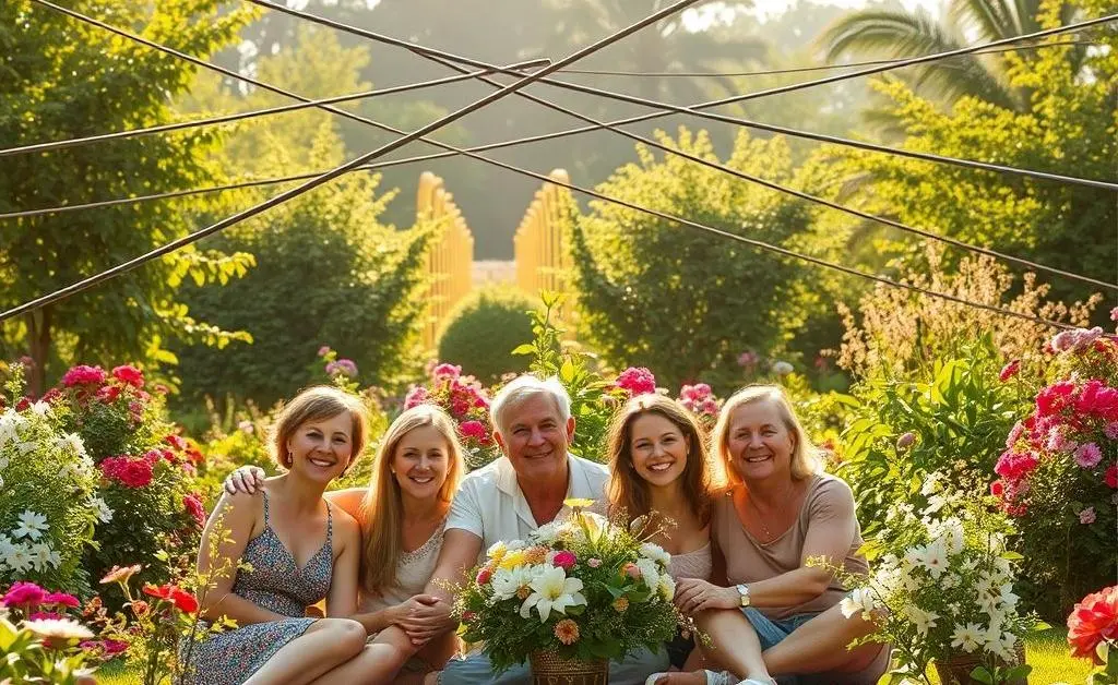 Family gathering in the garden, with power lines humorously photobombing the moment.