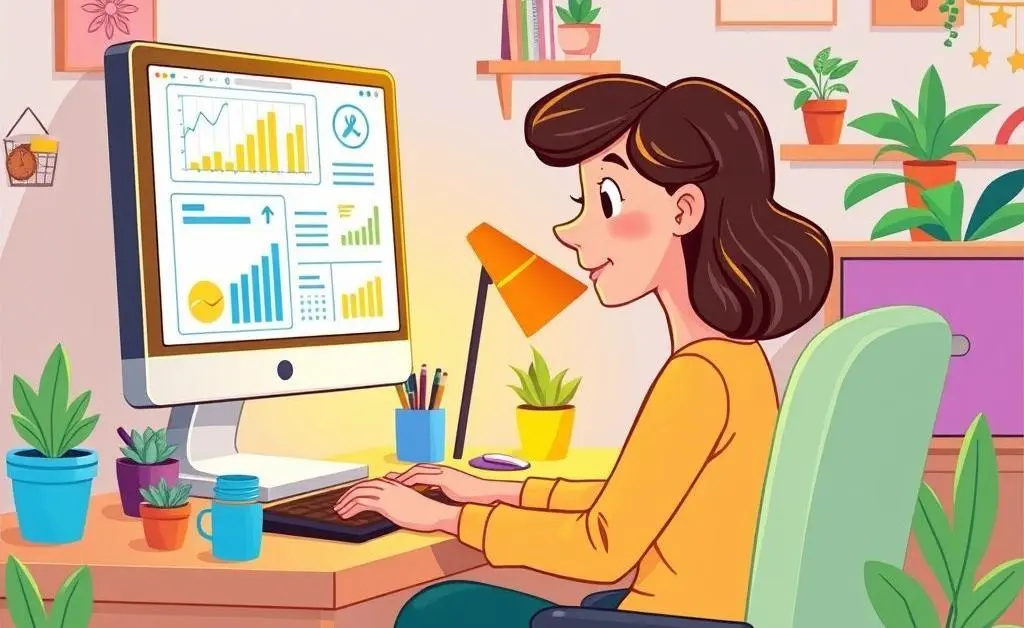 The woman at her computer researching budget management