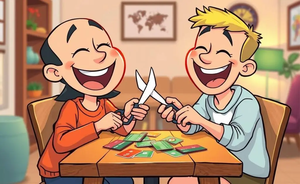 Two cartoon people sitting at a table, laughing while cutting up credit cards