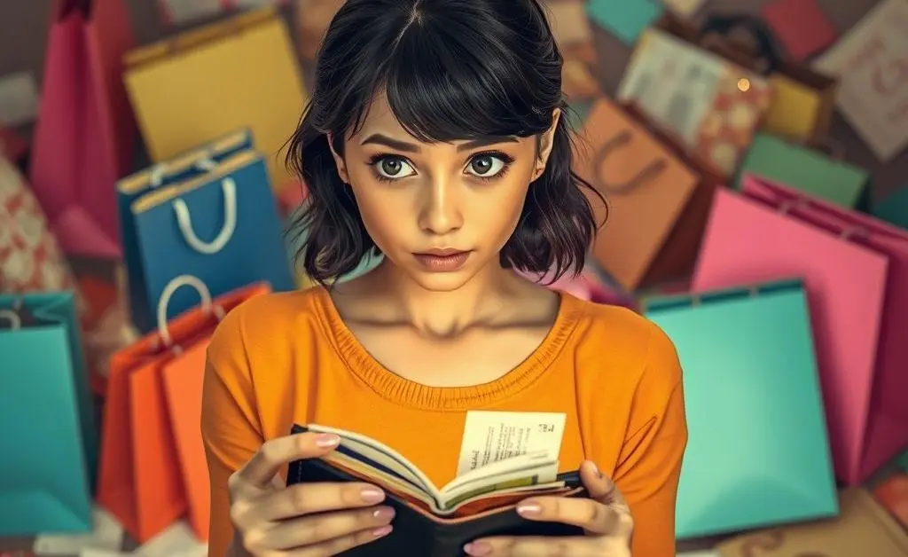 Mia looking perplexed at her empty wallet, surrounded by trinkets and receipts