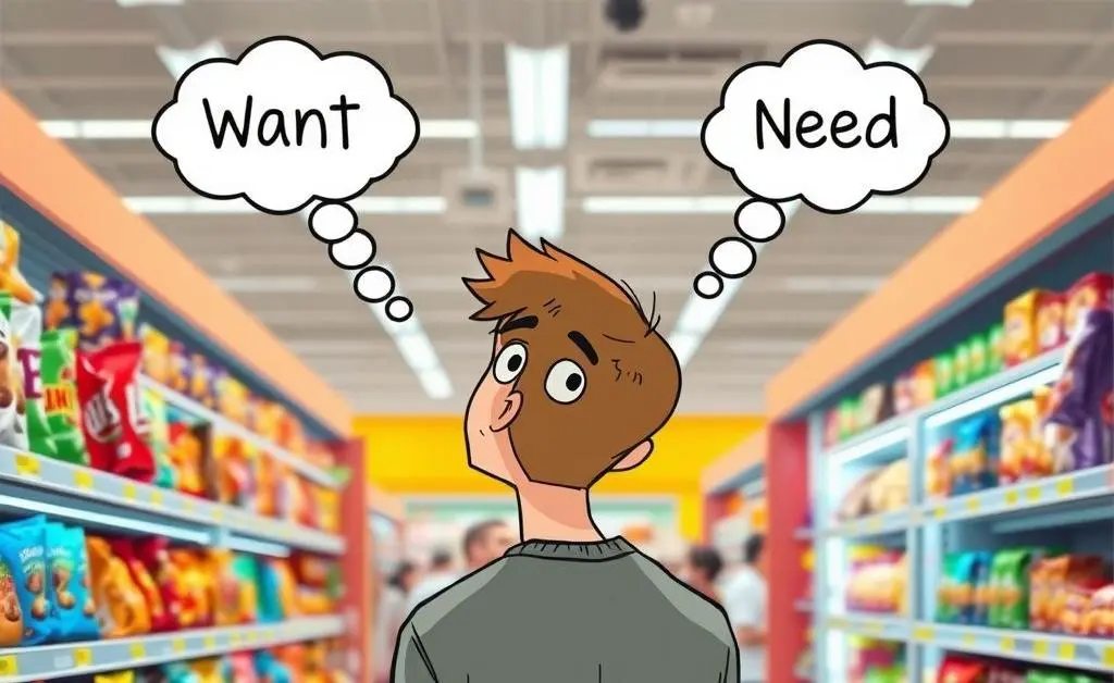 Character in a supermarket aisle, internal debate about putting back unnecessary snack items