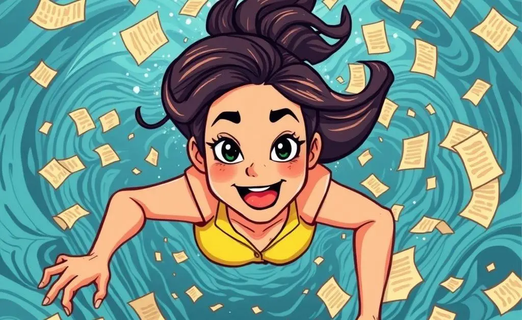 A woman diving into a sea of bank statements