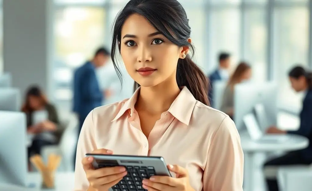 Mia holding a calculator looking determined