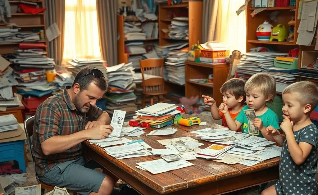 A chaotic room with Joe clipping coupons while kids play with pretend money