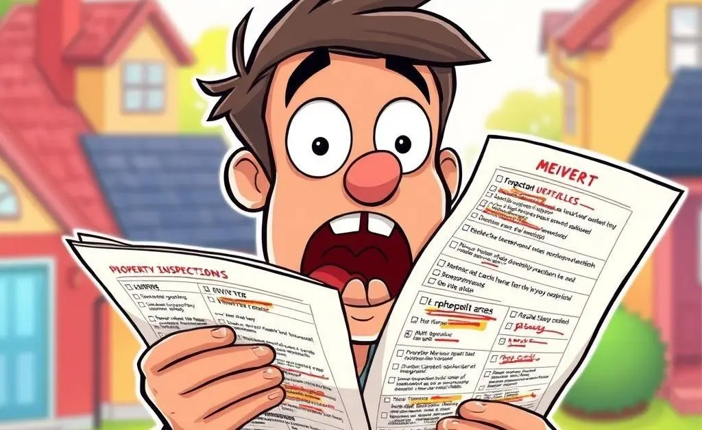 A cartoon image of Tom with a shocked expression holding a property inspection report full of issues