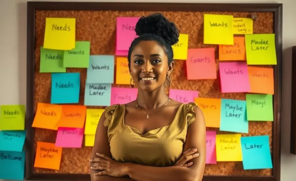 Mia standing in front of a corkboard filled with colorful sticky notes labeled 'Needs', 'Wants', and 'Maybe Later'