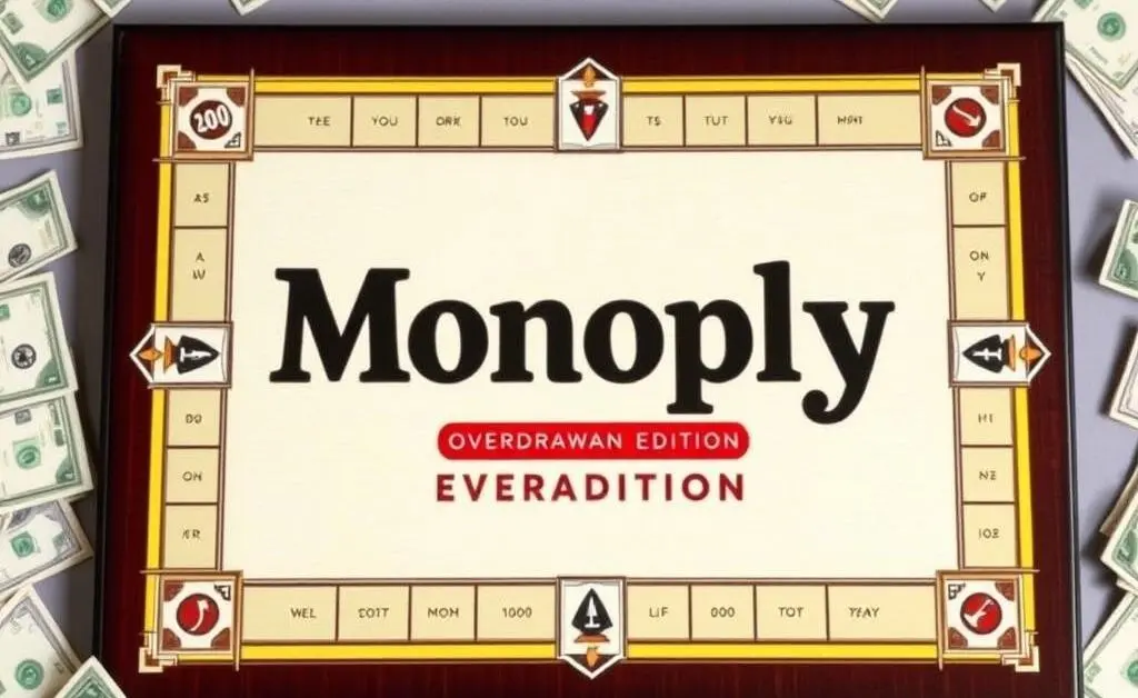A board game with the words 'Monoply: Overdrawn Edition' and pretend money scattered around