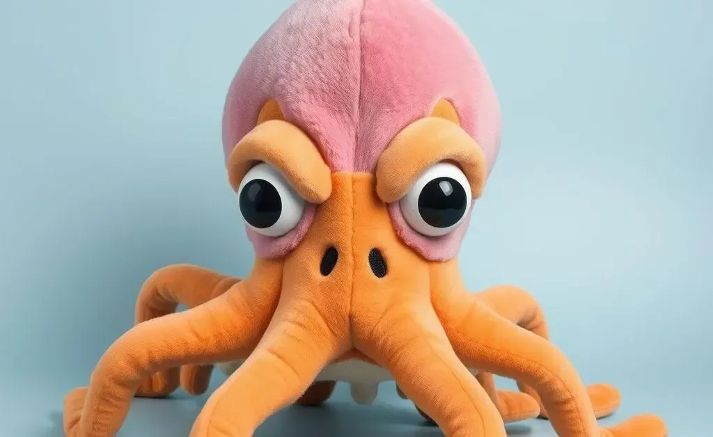 A child holding a giant plush toy with question mark eyes