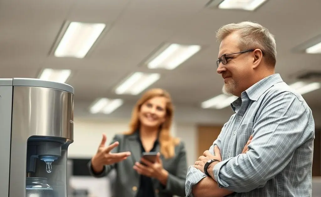 A coworker offering a suggestion to Jake as they stand by the water cooler