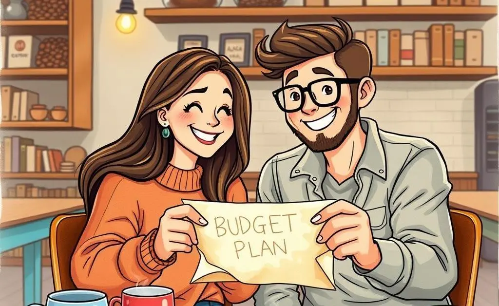 Cartoon couple at a coffee shop, sketching a budget plan on a napkin with smiles