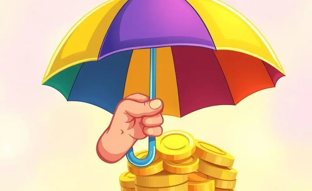 A cartoon version of Mia holding an umbrella, shielding herself from a shower of receipts