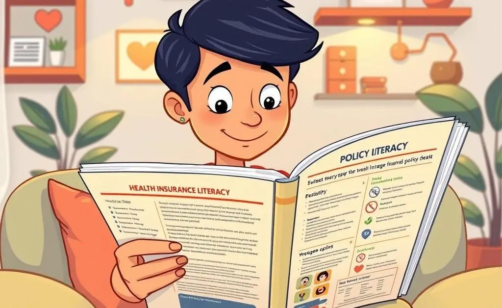 Cartoon of a person reading a giant health policy book, looking horrified at the complicated terms