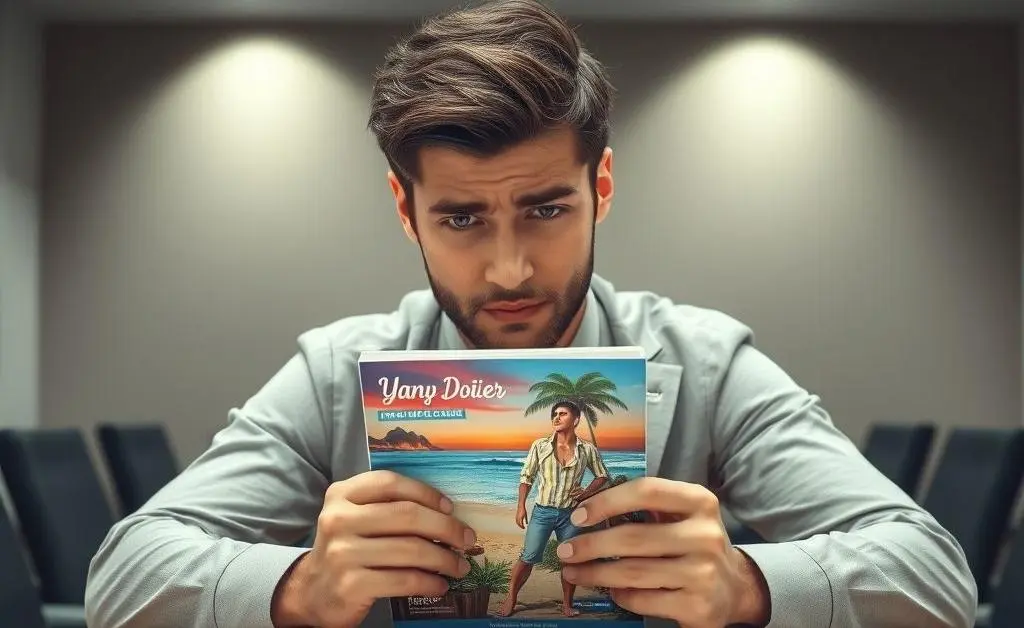 Alex at awkward meeting, trying to hide vacation brochure under notepad.