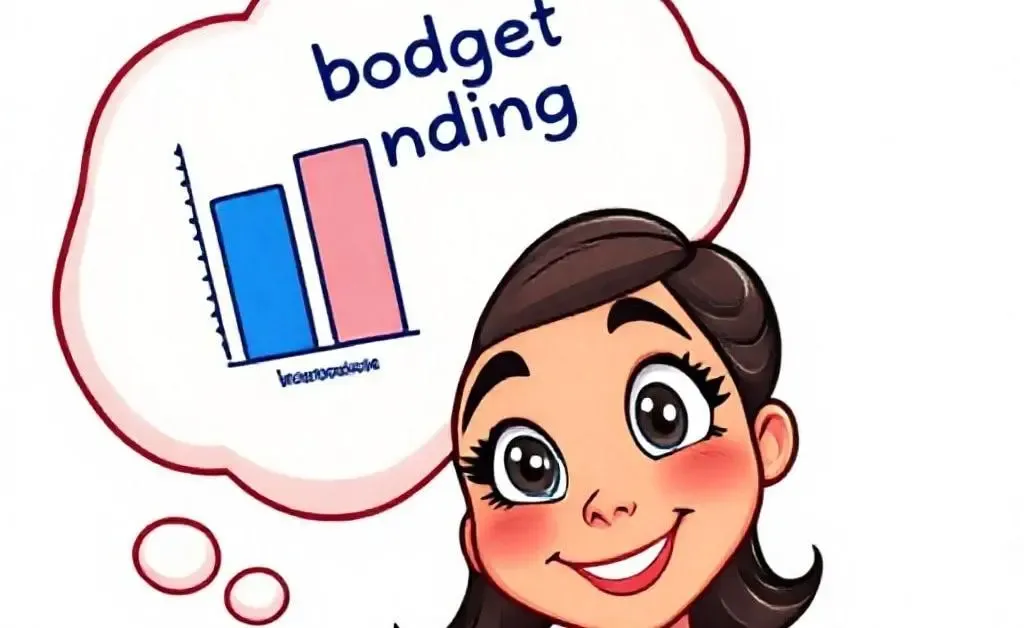 A thought bubble showing a bar graph of budget and spending