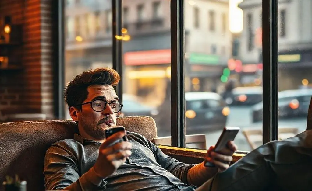 Max sitting at a coffee shop, looking at his phone with a shocked expression as he checks his bank balance.