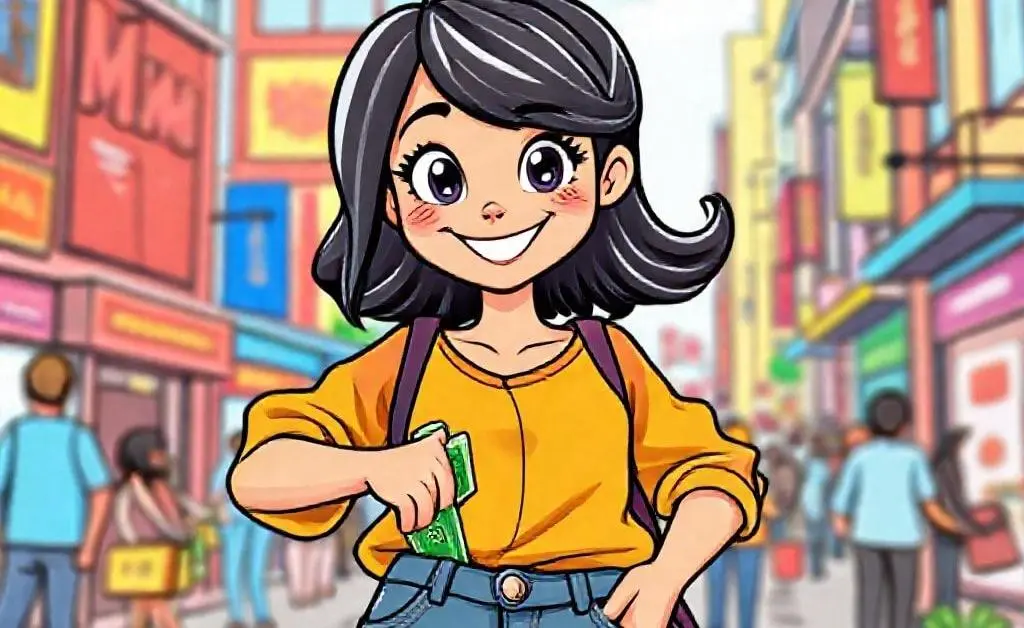 Cartoon of Mia pulling money from her wallet with holes in her pockets