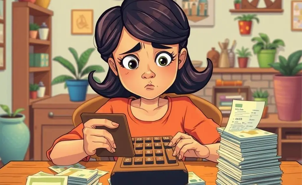 A woman sitting at a table with stacks of bills.