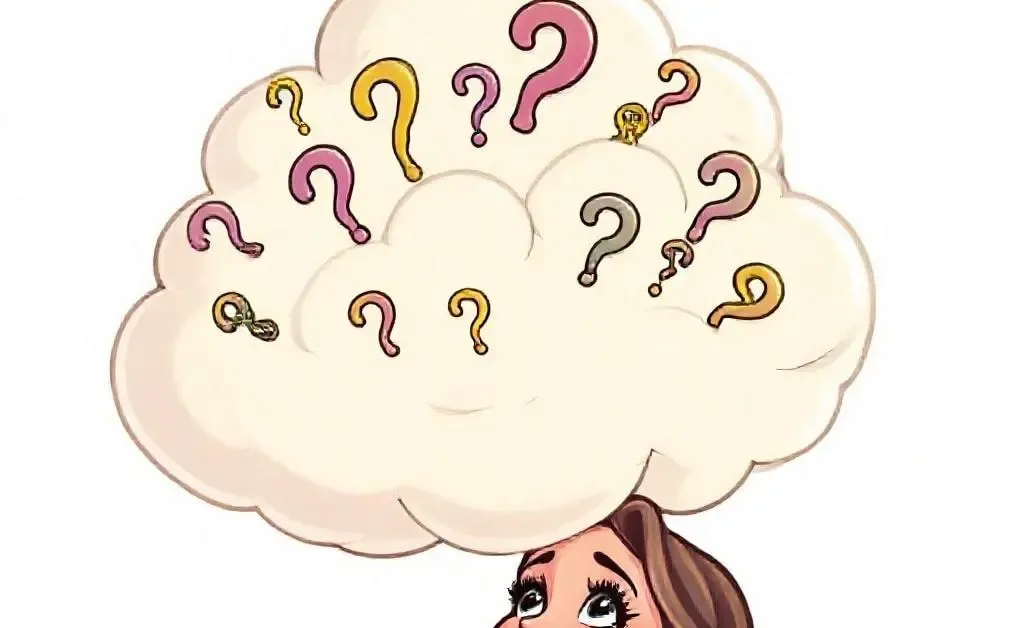 A cartoon cloud with question marks and dollar symbols hovering over woman