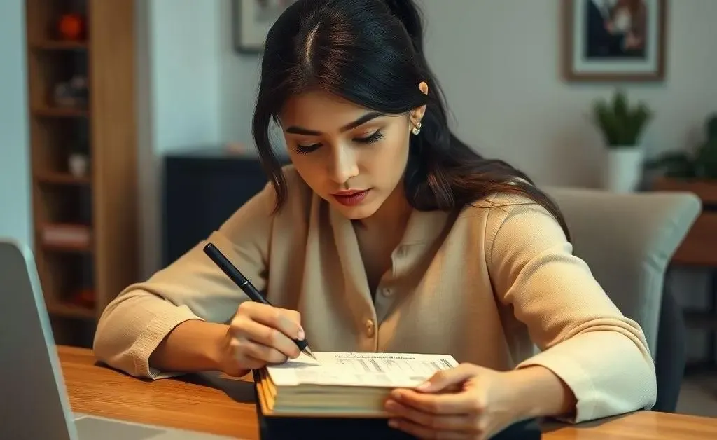 Mia sitting at a table with a notepad, attempting to draft a budget with earnest concentration.