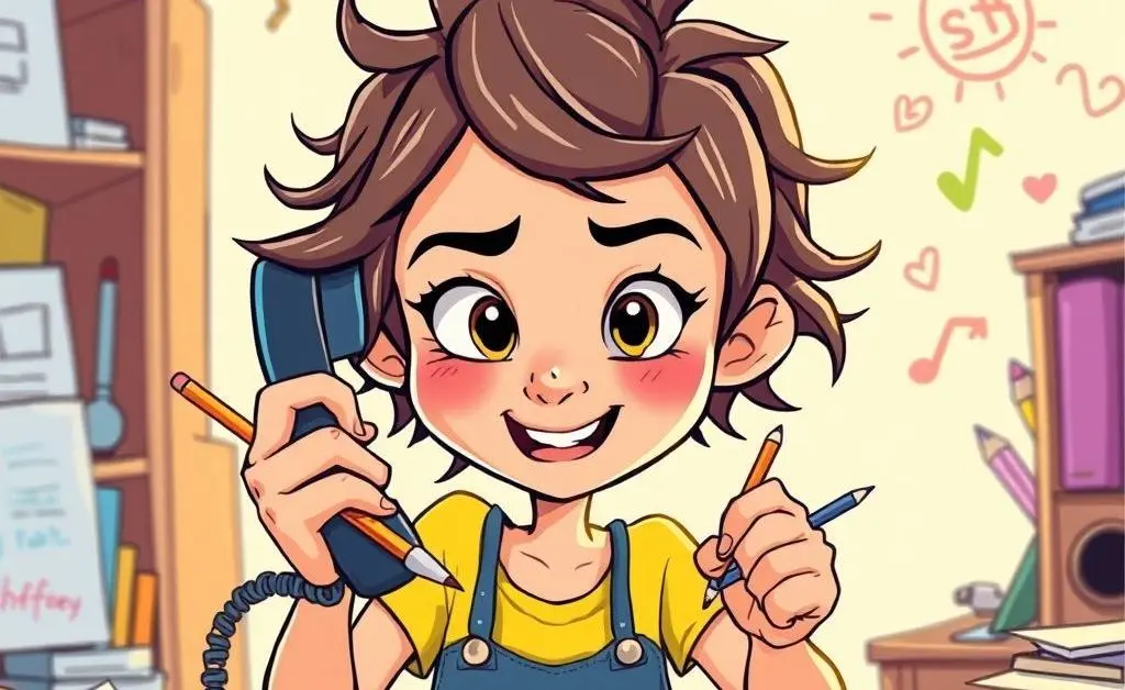 Cartoon image of Emily on the phone, holding a pencil with a notepad, scribbling furiously.