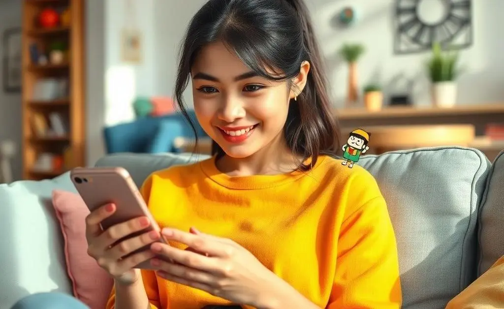 Mia scrolling through comical budgeting apps on her smartphone, looking intrigued