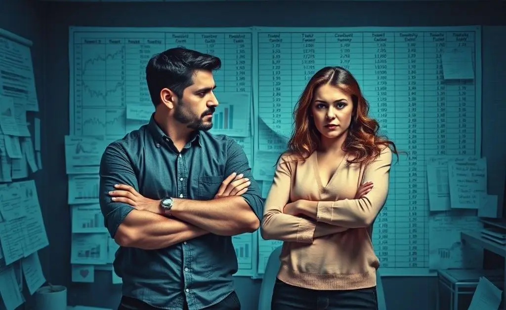 The couple accusing each other with arms crossed over a spreadsheet